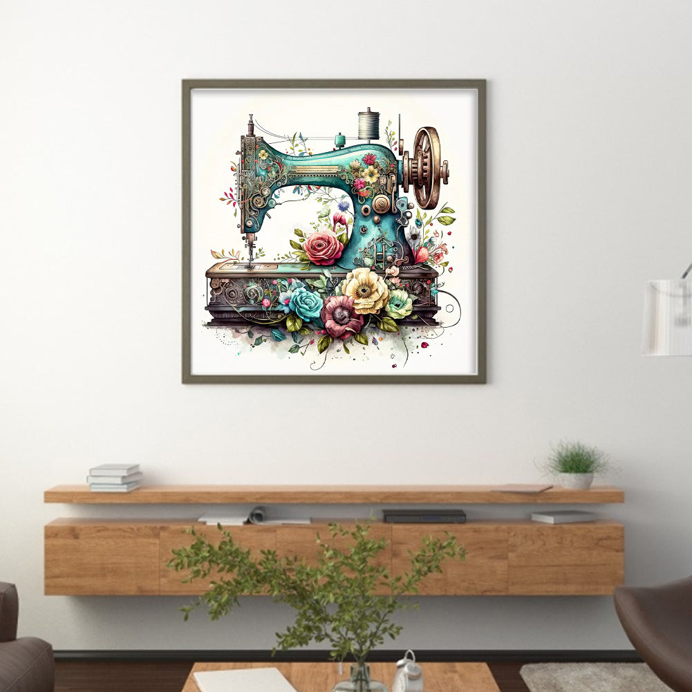 Vintage Floral Sewing Machine - Full 14CT Stamped Cross Stitch 40x40CM - Huacan