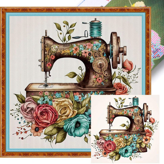 Vintage Floral Sewing Machine - Full 14CT Stamped Cross Stitch 40x40CM - Huacan