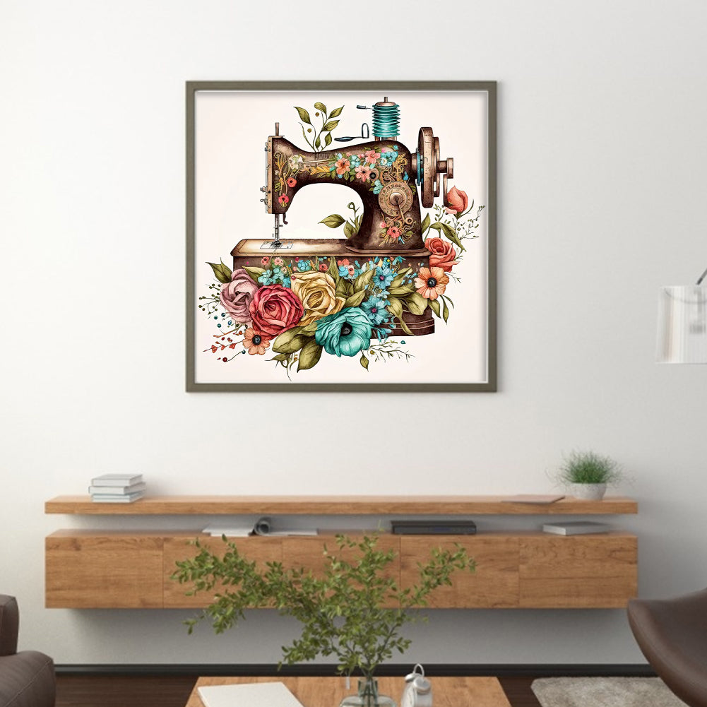 Vintage Floral Sewing Machine - Full 14CT Stamped Cross Stitch 40x40CM - Huacan