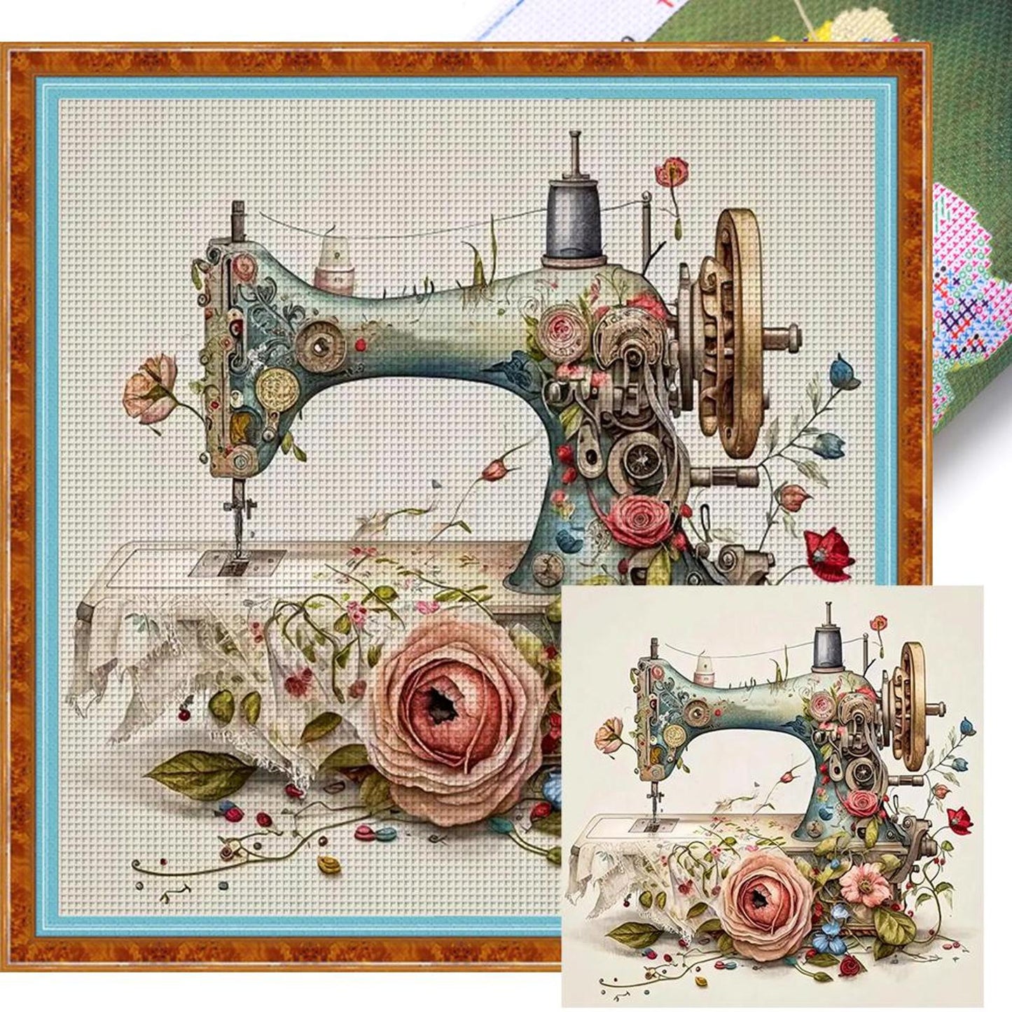 Vintage Floral Sewing Machine - Full 14CT Stamped Cross Stitch 40x40CM - Huacan