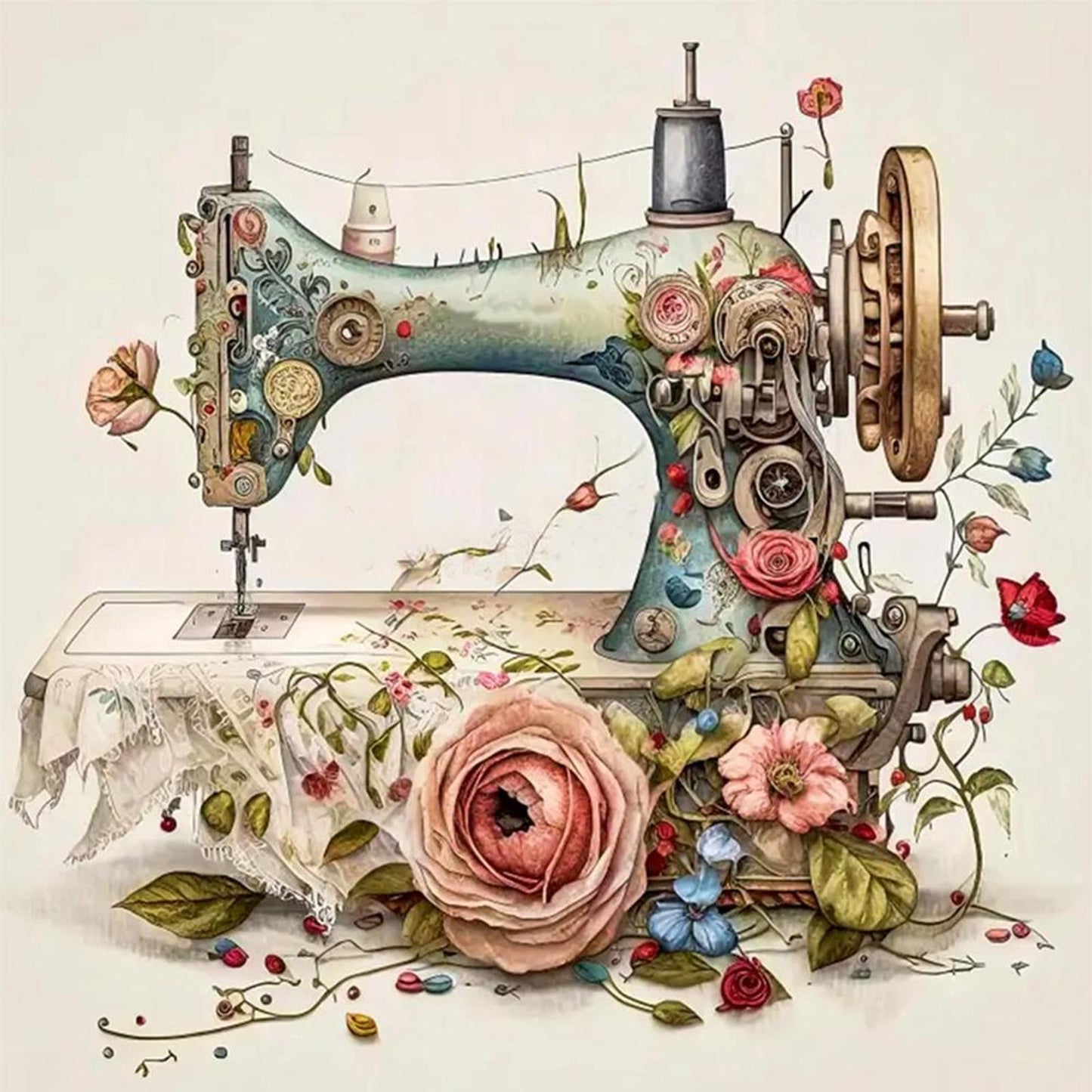 Vintage Floral Sewing Machine - Full 14CT Stamped Cross Stitch 40x40CM - Huacan