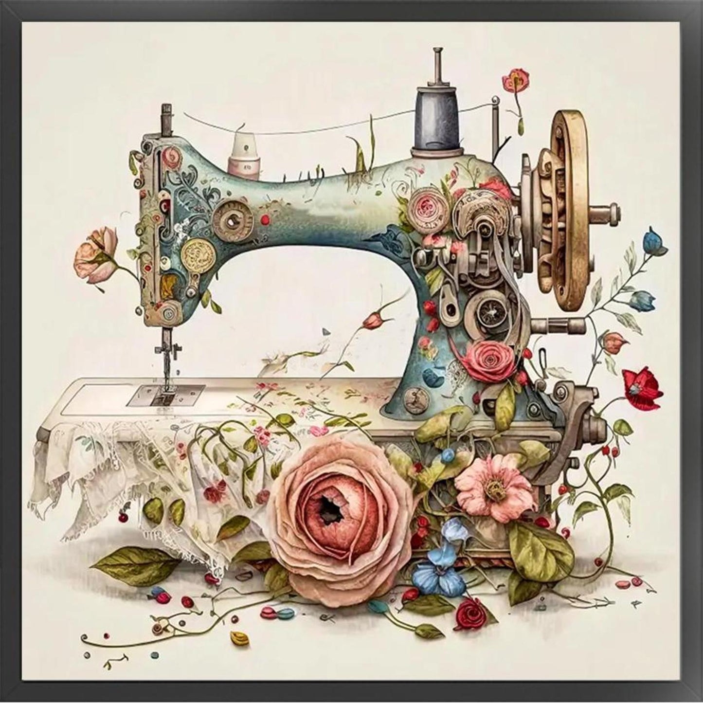 Vintage Floral Sewing Machine - Full 14CT Stamped Cross Stitch 40x40CM - Huacan