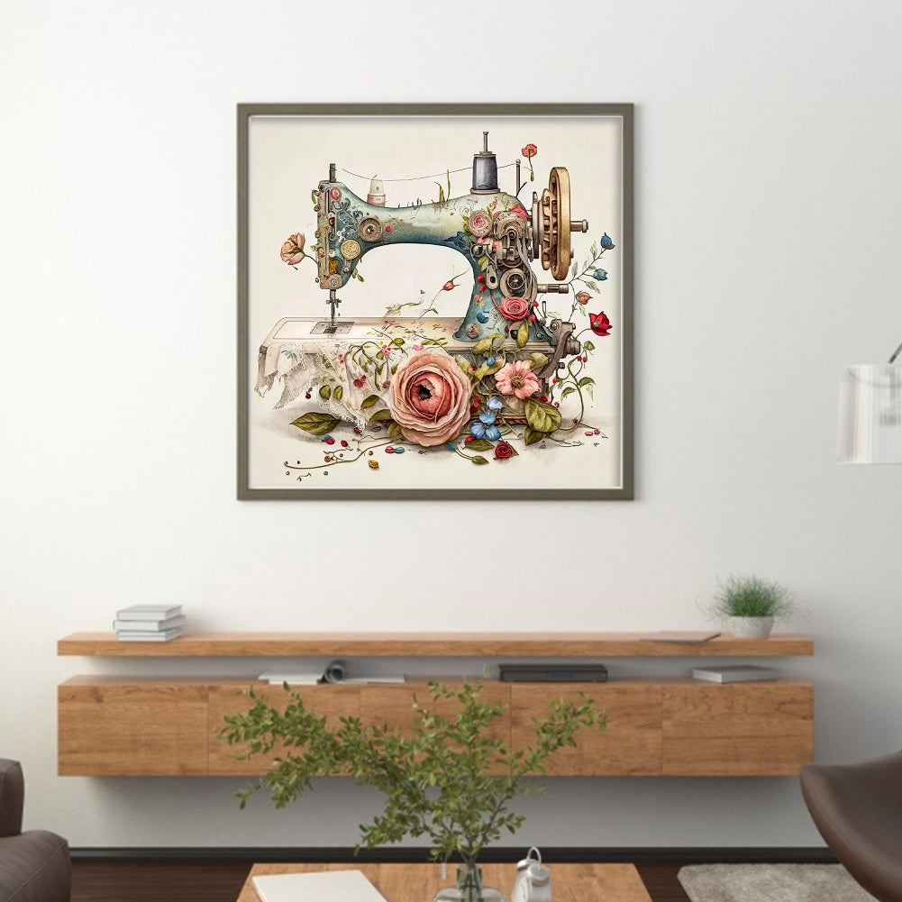 Vintage Floral Sewing Machine - Full 14CT Stamped Cross Stitch 40x40CM - Huacan