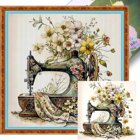 Vintage Floral Sewing Machine - Full 14CT Stamped Cross Stitch 40x40CM - Huacan