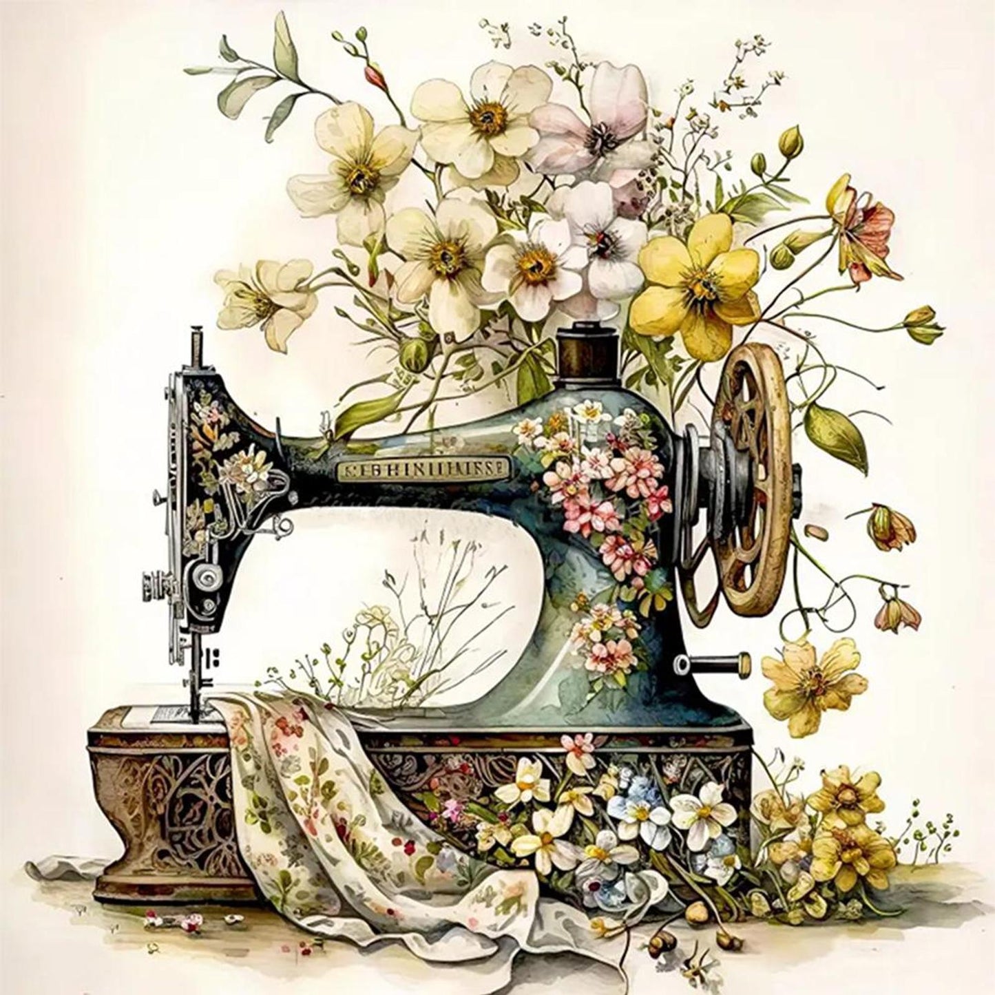 Vintage Floral Sewing Machine - Full 14CT Stamped Cross Stitch 40x40CM - Huacan