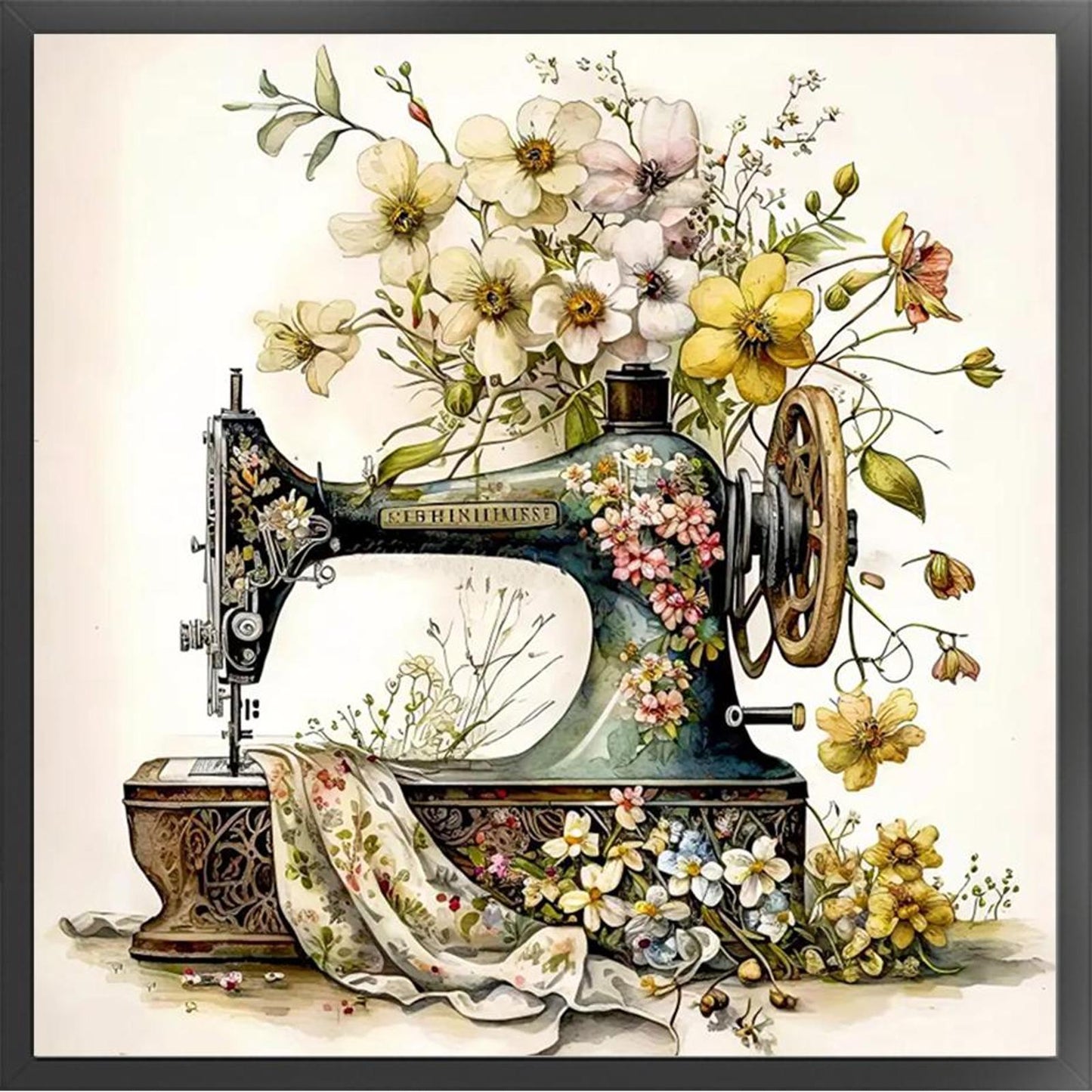 Vintage Floral Sewing Machine - Full 14CT Stamped Cross Stitch 40x40CM - Huacan