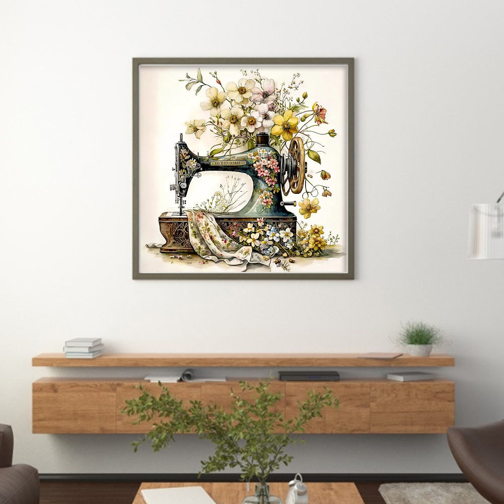 Vintage Floral Sewing Machine - Full 14CT Stamped Cross Stitch 40x40CM - Huacan