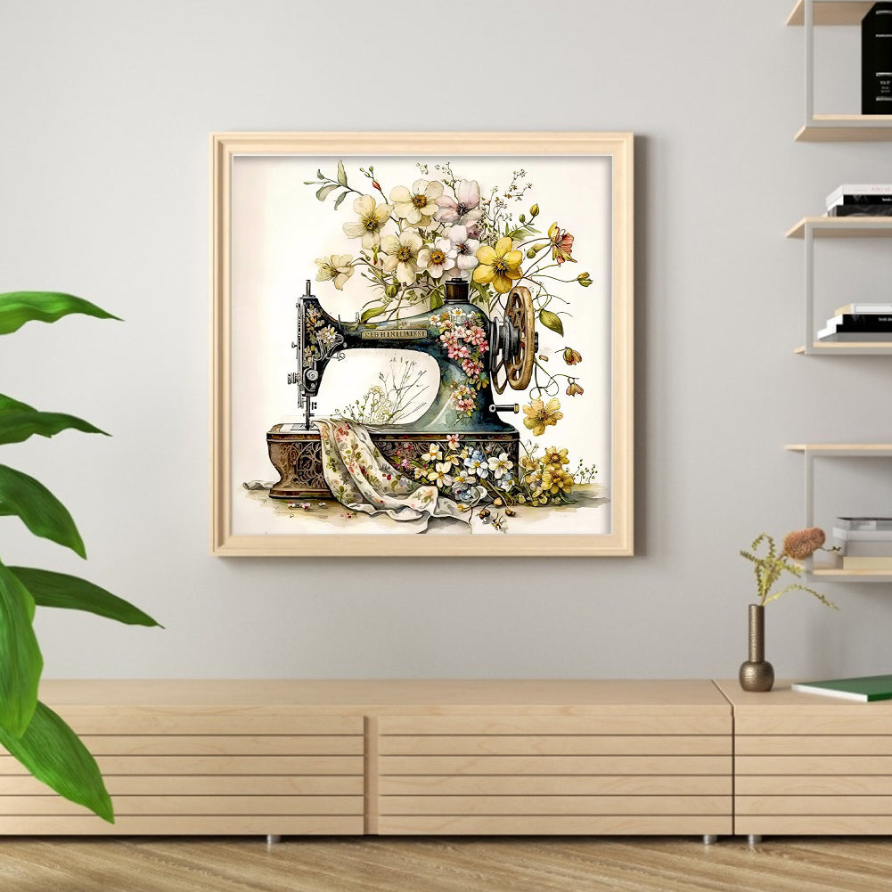 Vintage Floral Sewing Machine - Full 14CT Stamped Cross Stitch 40x40CM - Huacan
