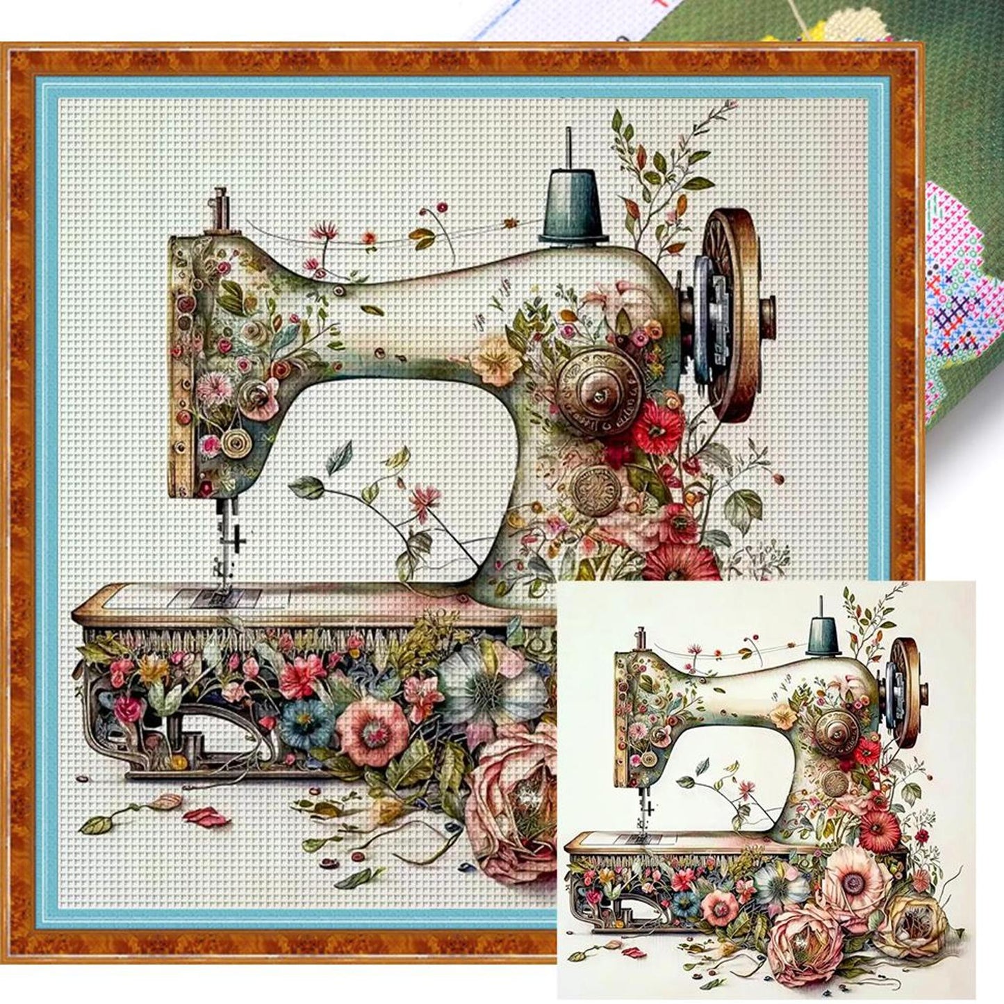 Vintage Floral Sewing Machine - Full 14CT Stamped Cross Stitch 40x40CM - Huacan