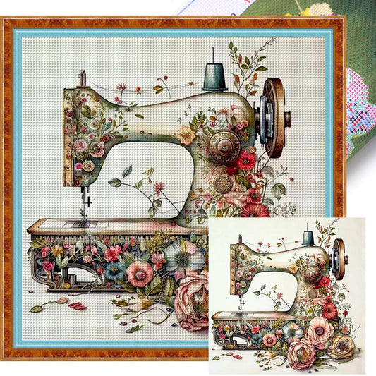 Vintage Floral Sewing Machine - Full 14CT Stamped Cross Stitch 40x40CM - Huacan