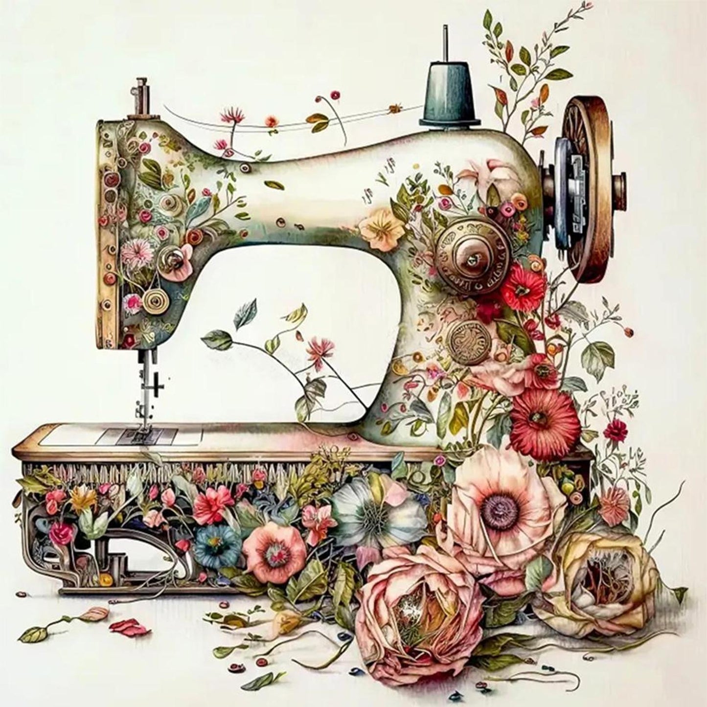 Vintage Floral Sewing Machine - Full 14CT Stamped Cross Stitch 40x40CM - Huacan