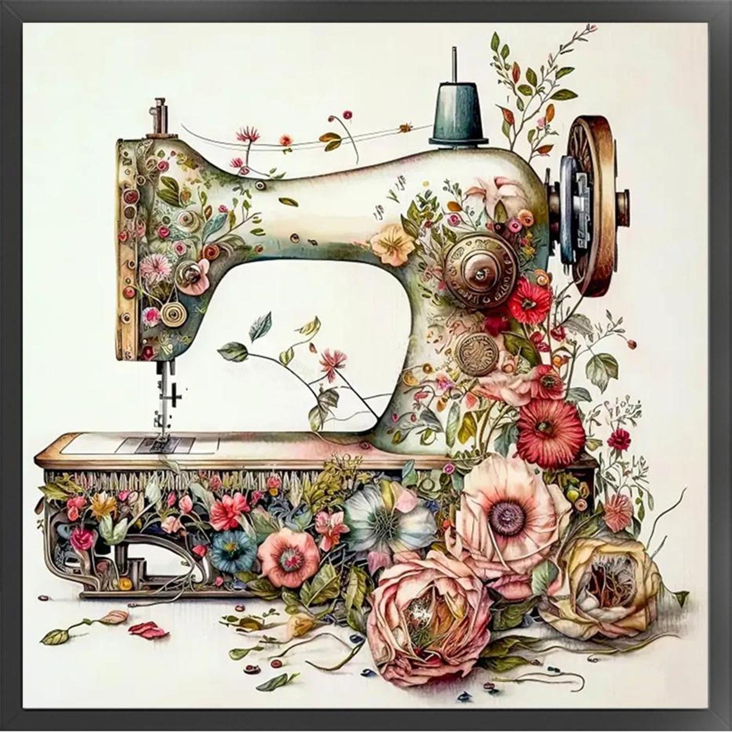 Vintage Floral Sewing Machine - Full 14CT Stamped Cross Stitch 40x40CM - Huacan