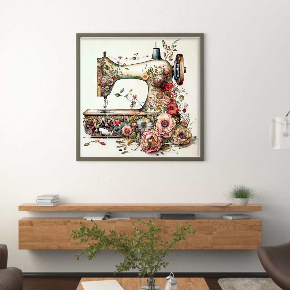 Vintage Floral Sewing Machine - Full 14CT Stamped Cross Stitch 40x40CM - Huacan