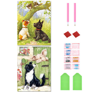 2PCS Dog, Cat, And Pig 30*40CM(Canvas) Full Round Drill Diamond Painting