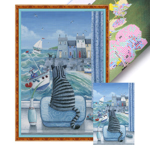 Yishu - Cat Looking Out The Window - 50*75CM 11CT 3 Stamped Cross Stitch