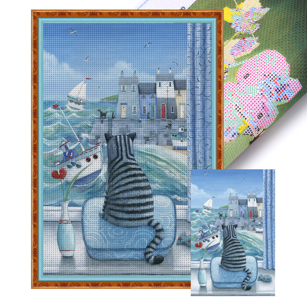 Yishu - Cat Looking Out The Window - 50*75CM 11CT 3 Stamped Cross Stitch