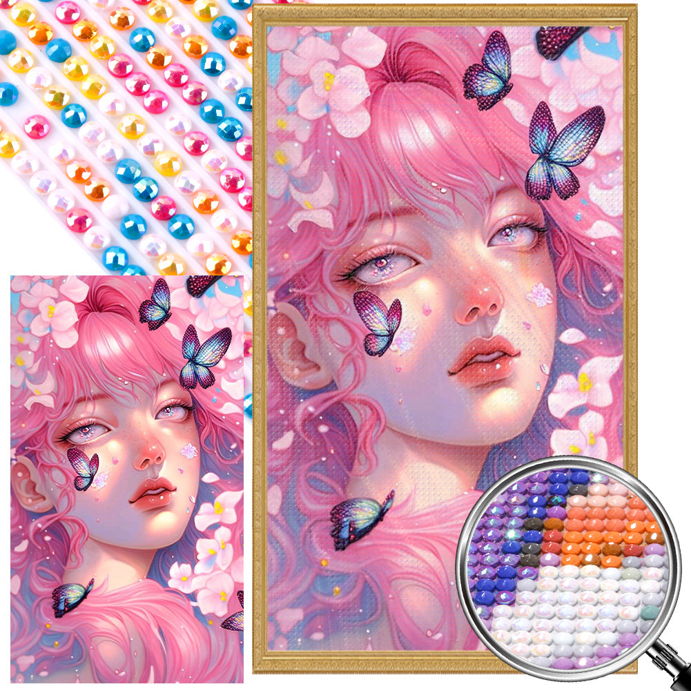 Pink Butterfly Girl 40*70CM(Picture) Full Round Drill Diamond Painting