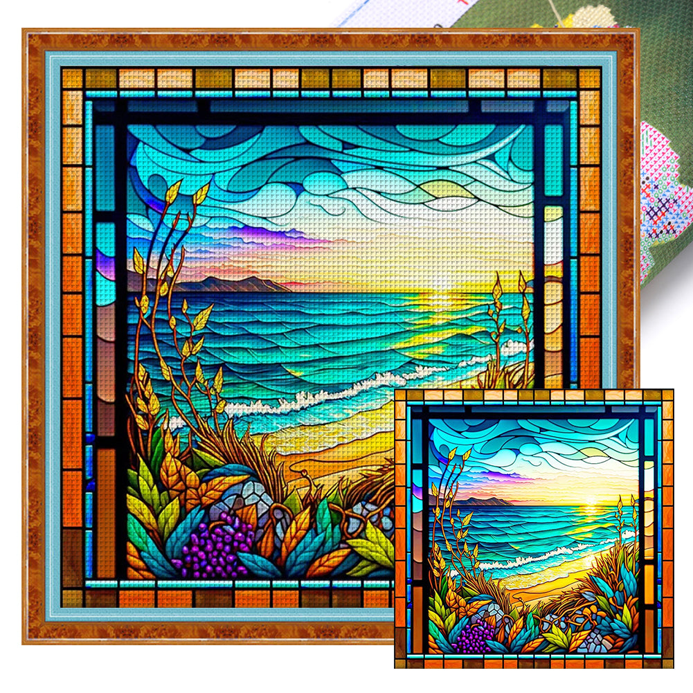 Huancan - Glass Painting - Ocean Waves - 50*50CM 11CT 3 Stamped Cross Stitch