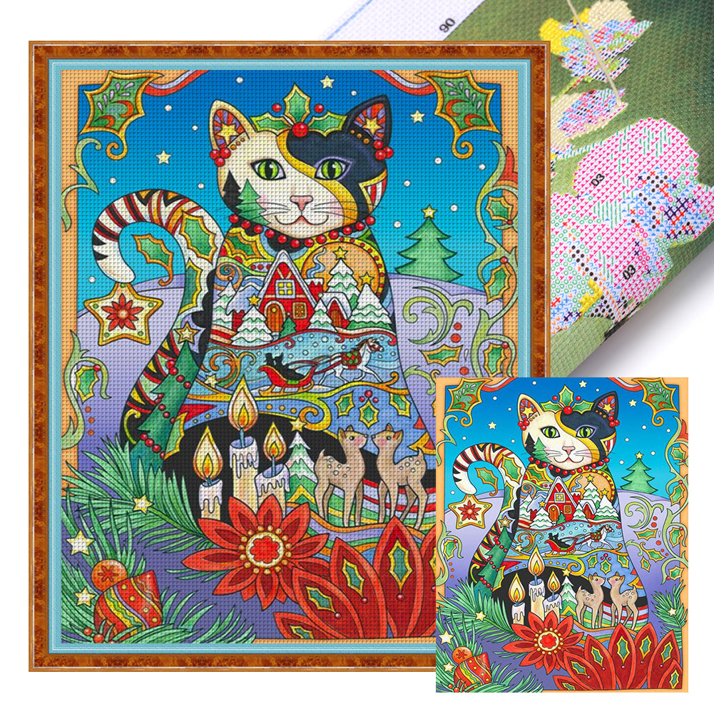 Yishu - Cat With Flowers And Plants - 45*55CM 11CT 3 Stamped Cross Stitch