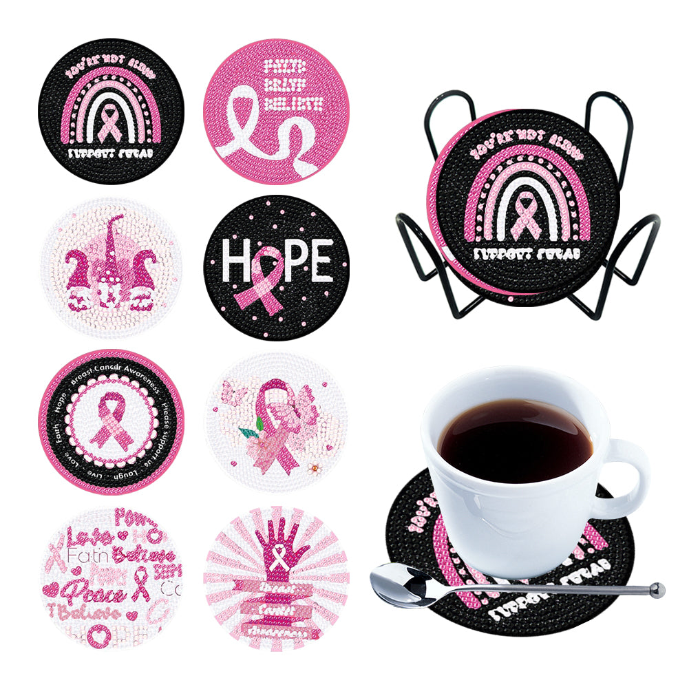 8PCS Acrylic Round Diamond Painting Coasters Kits (Pink Gnome)