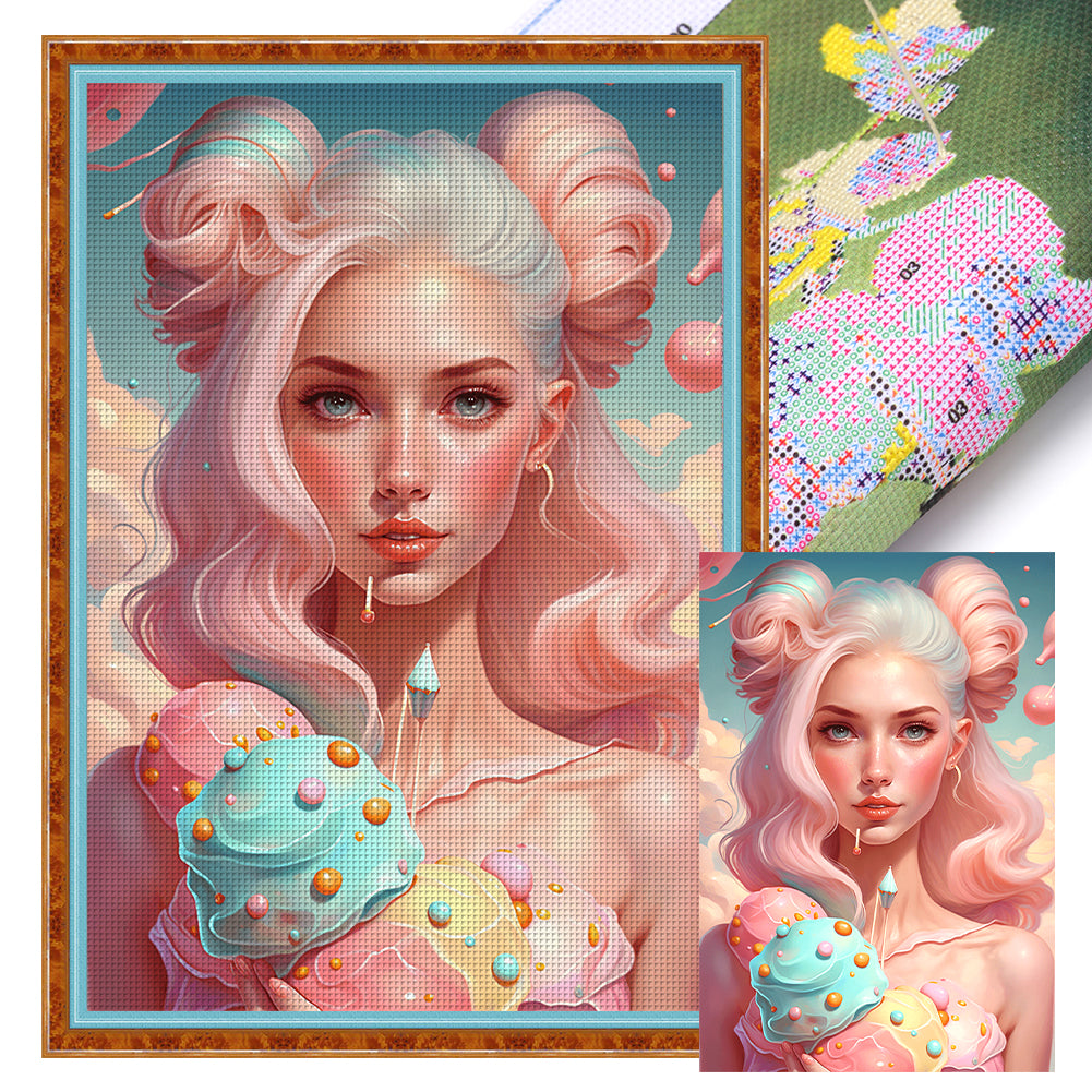 Yishu - Girl With Ice Cream And Candy - 40*60CM 11CT 3 Stamped Cross Stitch