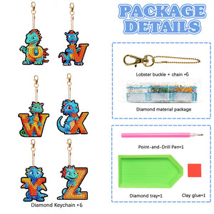 6PCS Double Sided Diamond Painting Art Keychain Pendant (Dinosaur 26 Letters 4)