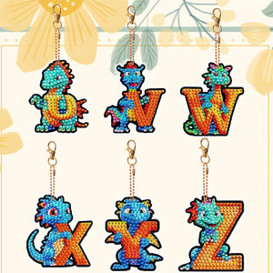 6PCS Double Sided Diamond Painting Art Keychain Pendant (Dinosaur 26 Letters 4)