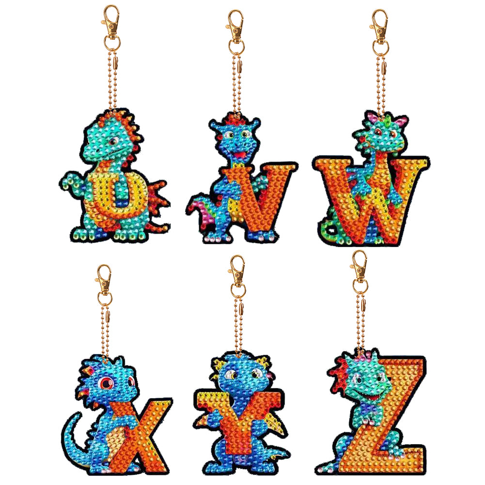6PCS Double Sided Diamond Painting Art Keychain Pendant (Dinosaur 26 Letters 4)