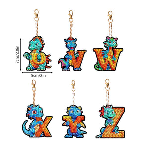 6PCS Double Sided Diamond Painting Art Keychain Pendant (Dinosaur 26 Letters 4)