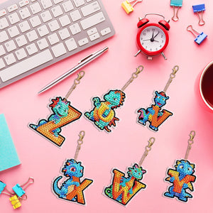 6PCS Double Sided Diamond Painting Art Keychain Pendant (Dinosaur 26 Letters 4)