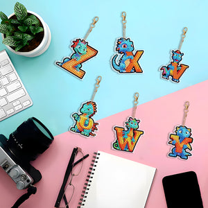 6PCS Double Sided Diamond Painting Art Keychain Pendant (Dinosaur 26 Letters 4)