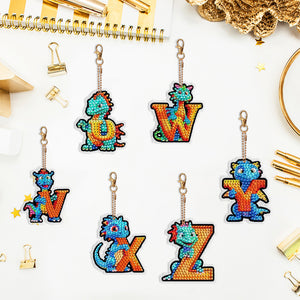 6PCS Double Sided Diamond Painting Art Keychain Pendant (Dinosaur 26 Letters 4)