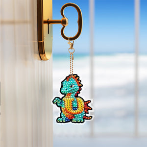 6PCS Double Sided Diamond Painting Art Keychain Pendant (Dinosaur 26 Letters 4)