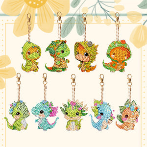 9PCS Double Sided Full Drill Keyring Forest Dinosaur for Adult Kid Handbag Decor