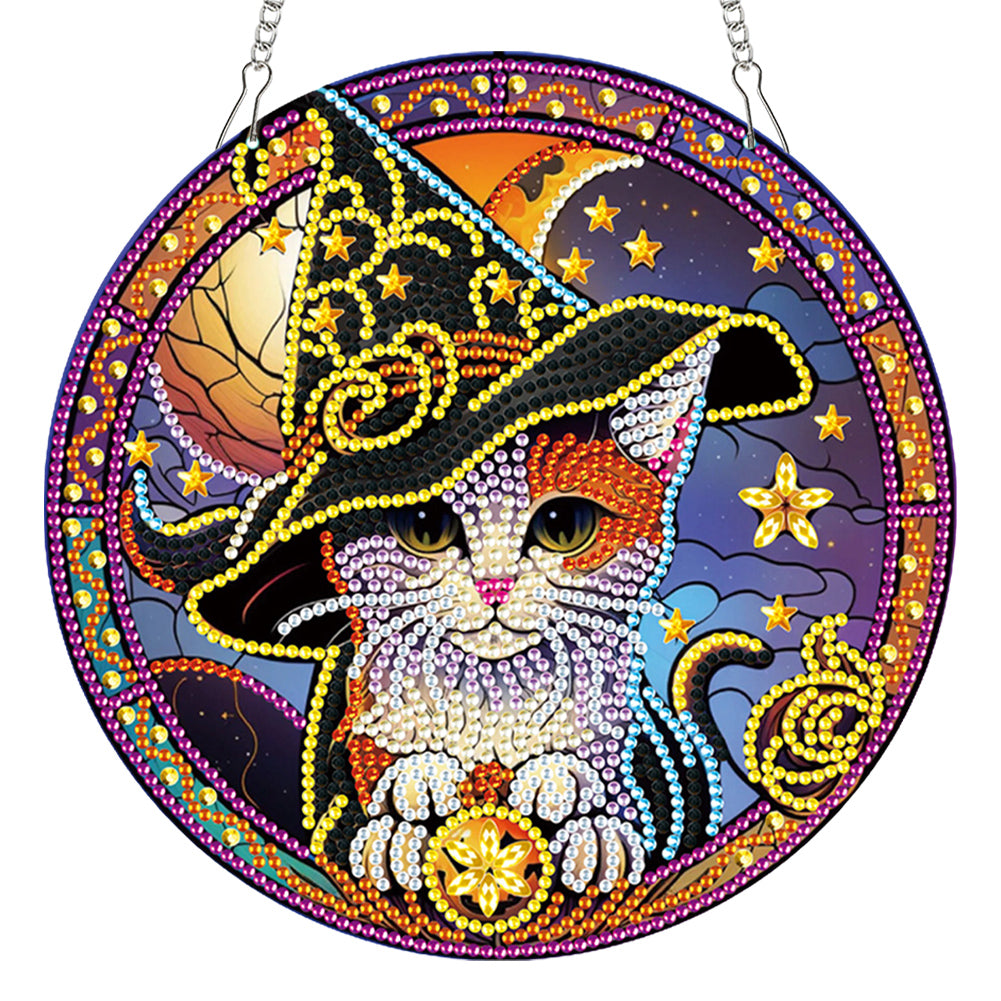 2D DIY Cat Pattern Diamond Art Painting Wreath Kit Diamond Art Window Pendant