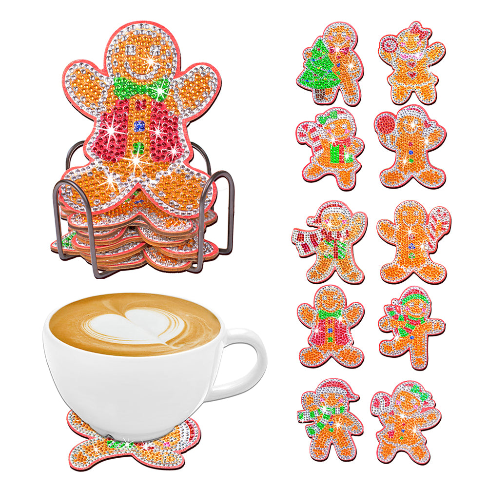 10PCS Christmas Wooden Diamond Painting Art Coaster Kit (Xmas Gingerbread Man)