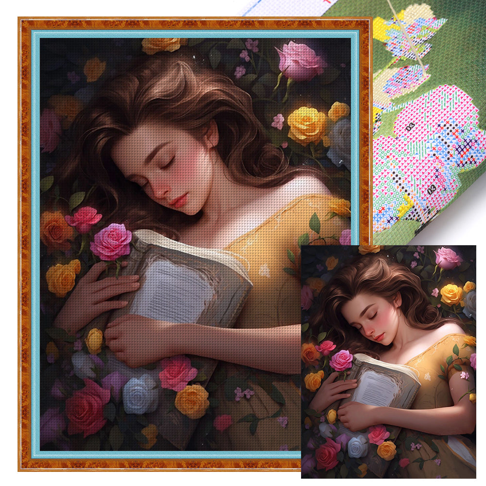 Yishu - Girl With Flowers - 50*65CM 11CT 3 Stamped Cross Stitch