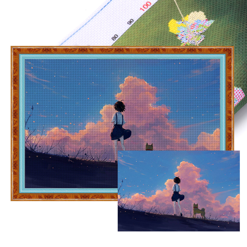 Huancan - Dusk Girl And Puppy - 70*50CM 11CT 3 Stamped Cross Stitch