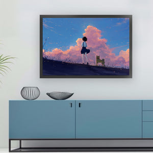 Huancan - Dusk Girl And Puppy - 70*50CM 11CT 3 Stamped Cross Stitch