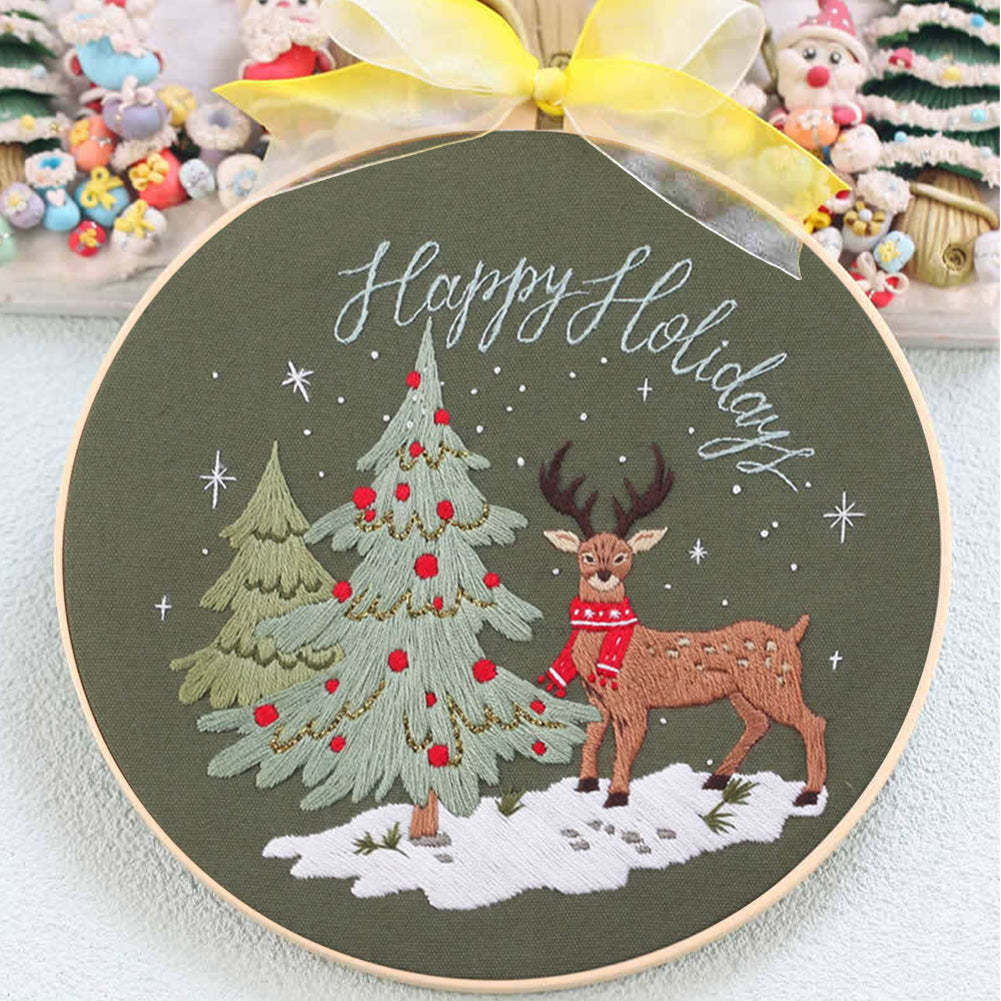 Christmas - DIY Embroidery Cross Stitch Kit with Pattern Cotton Threads Needles Hoop 30x30CM/11.81x11.81in