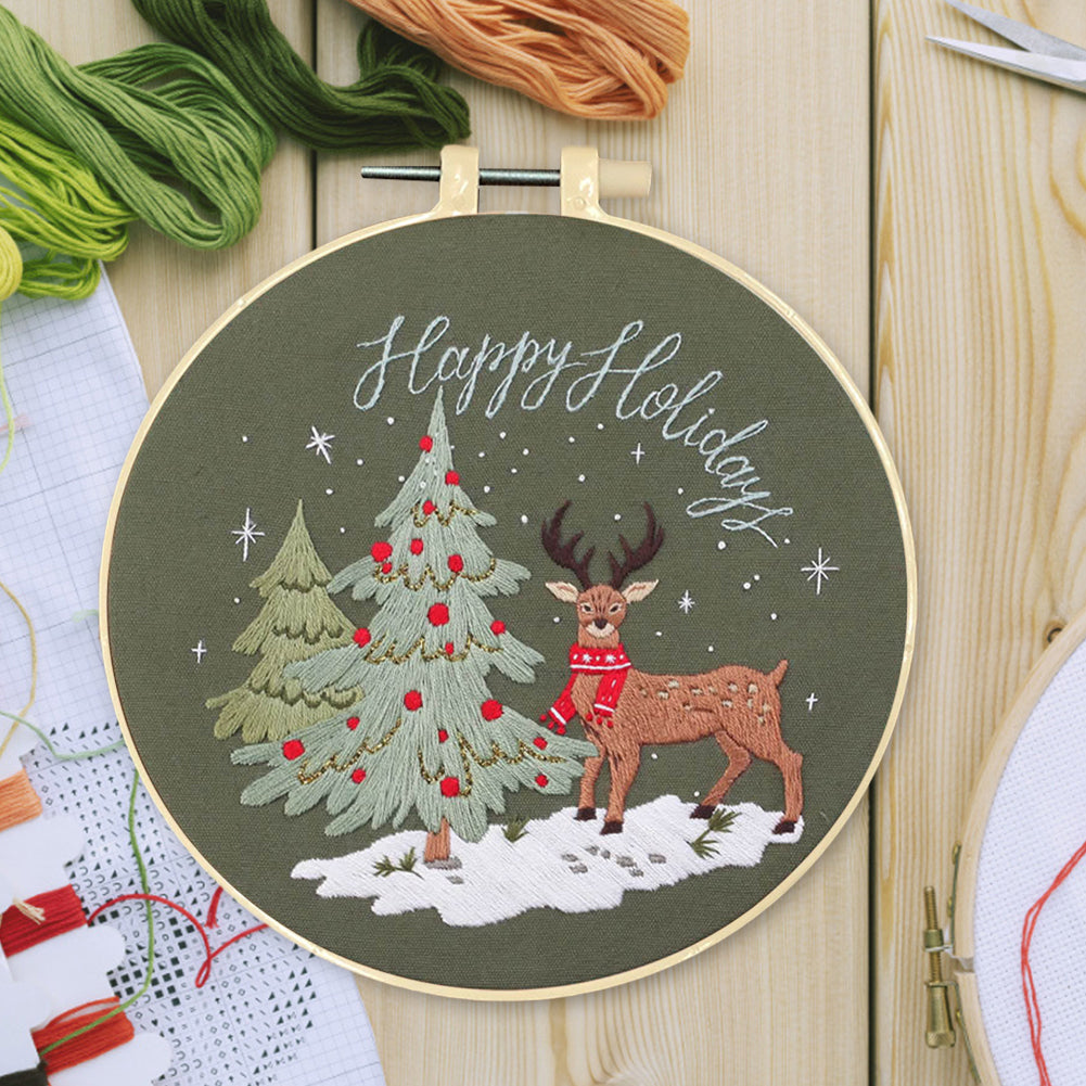 Christmas - DIY Embroidery Cross Stitch Kit with Pattern Cotton Threads Needles Hoop 30x30CM/11.81x11.81in