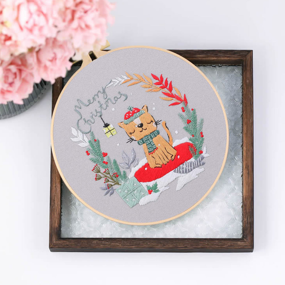 Christmas - DIY Embroidery Cross Stitch Kit with Pattern Cotton Threads Needles Hoop 30x30CM/11.81x11.81in