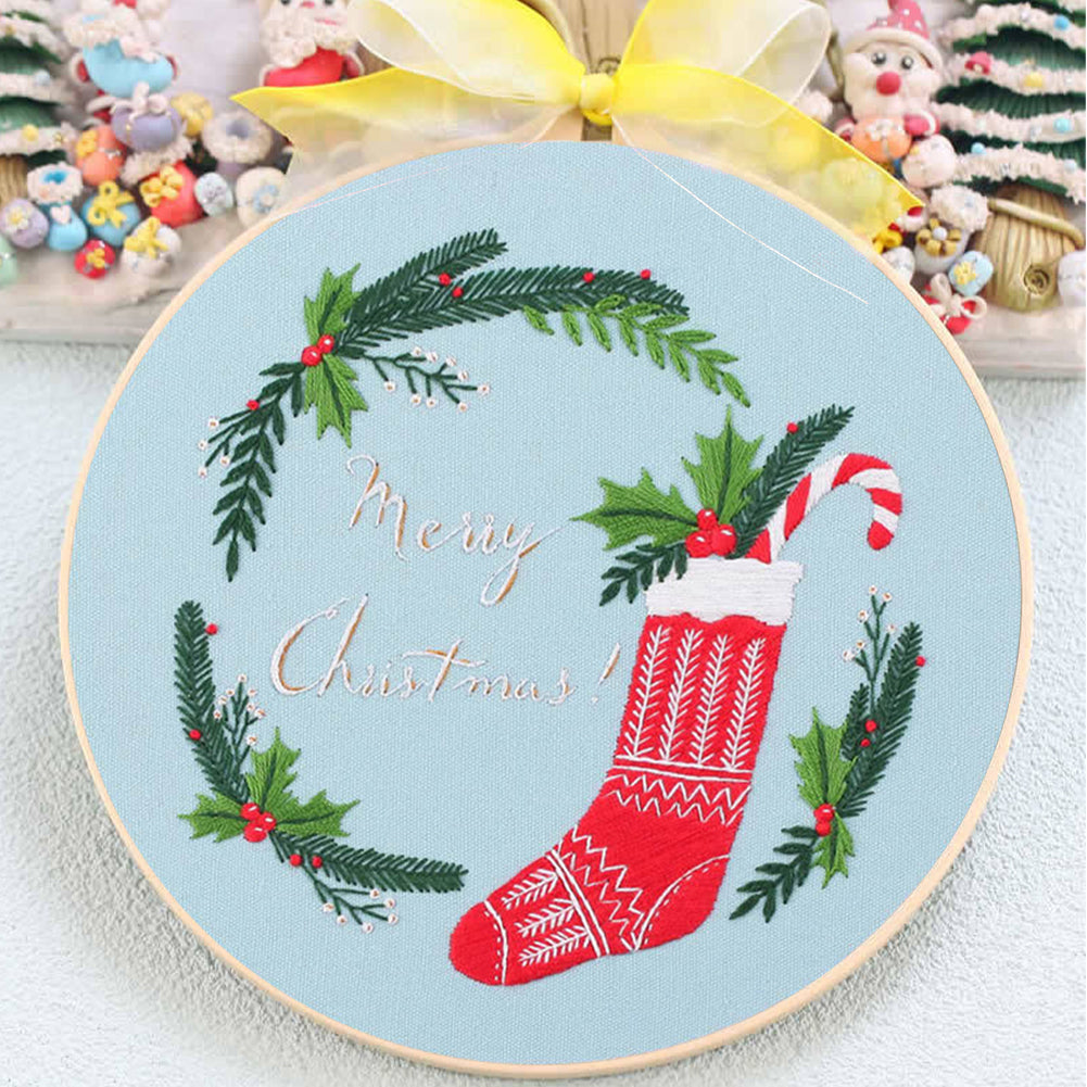 Christmas - DIY Embroidery Cross Stitch Kit with Pattern Cotton Threads Needles Hoop 30x30CM/11.81x11.81in