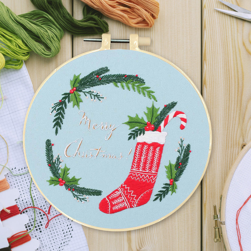 Christmas - DIY Embroidery Cross Stitch Kit with Pattern Cotton Threads Needles Hoop 30x30CM/11.81x11.81in
