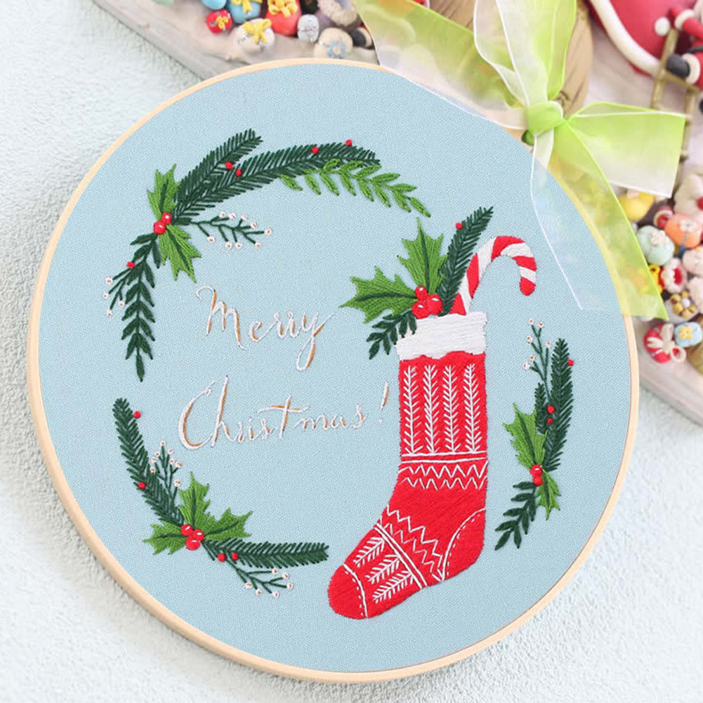 Christmas - DIY Embroidery Cross Stitch Kit with Pattern Cotton Threads Needles Hoop 30x30CM/11.81x11.81in