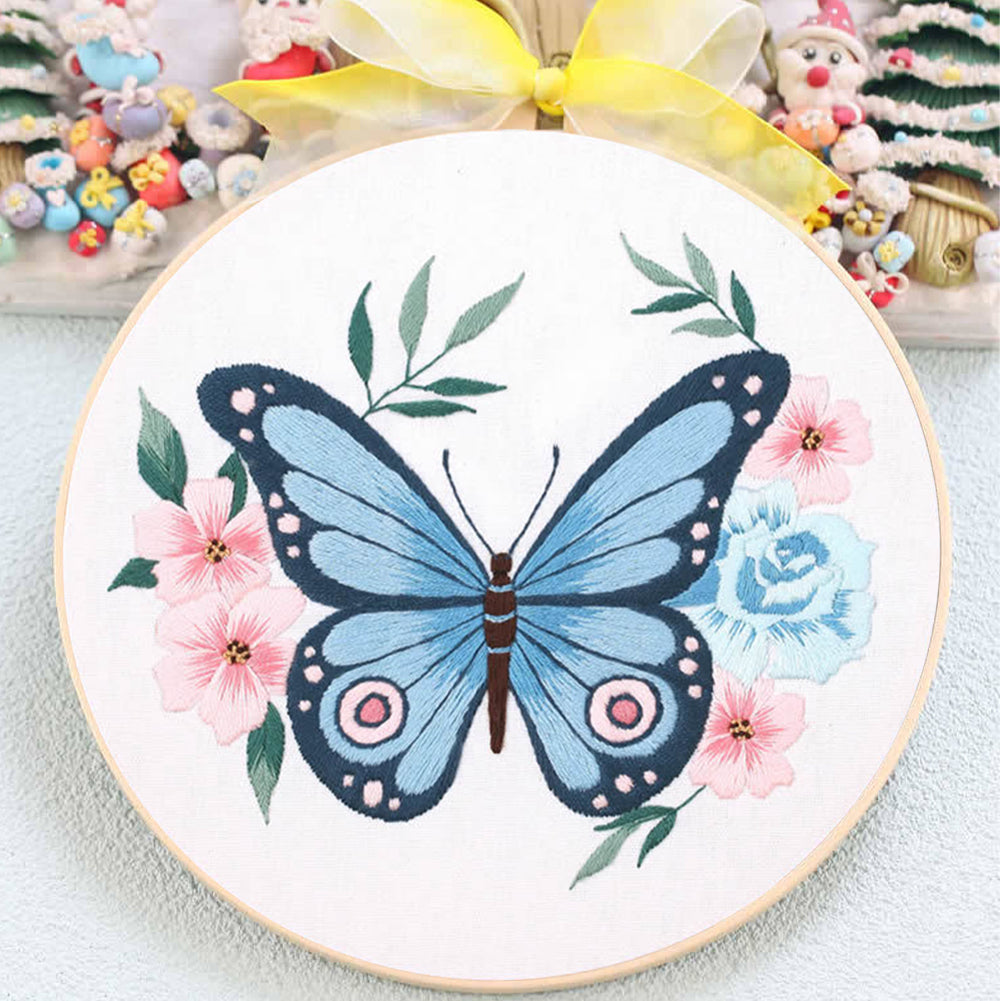 Butterfly - DIY Embroidery Cross Stitch Kit with Pattern Cotton Threads Needles Hoop 30x30CM/11.81x11.81in