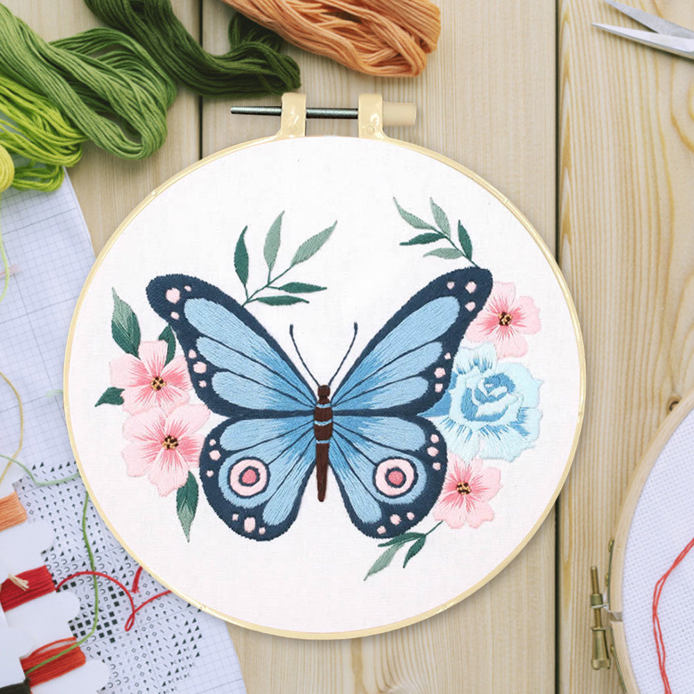 Butterfly - DIY Embroidery Cross Stitch Kit with Pattern Cotton Threads Needles Hoop 30x30CM/11.81x11.81in