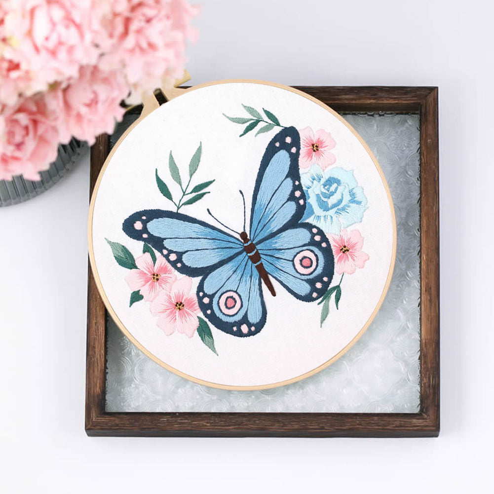 Butterfly - DIY Embroidery Cross Stitch Kit with Pattern Cotton Threads Needles Hoop 30x30CM/11.81x11.81in