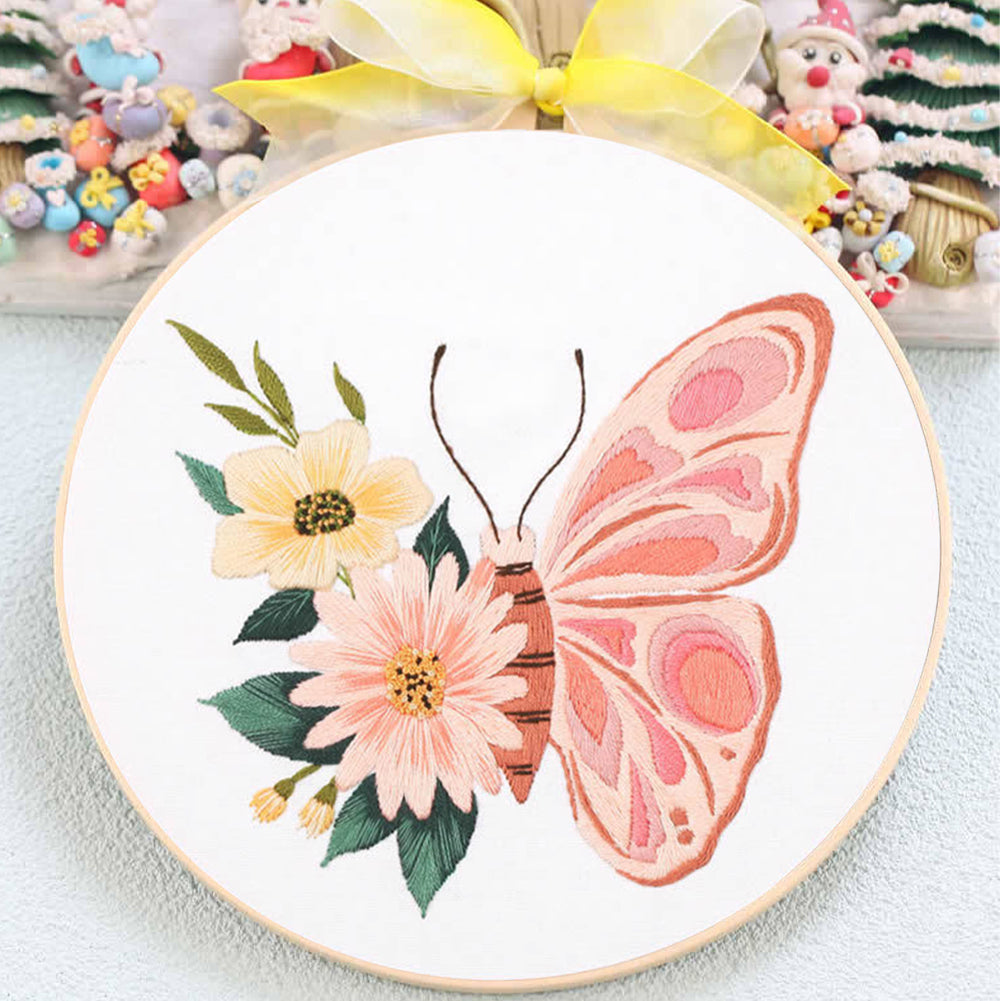 Butterfly - DIY Embroidery Cross Stitch Kit with Pattern Cotton Threads Needles Hoop 30x30CM/11.81x11.81in