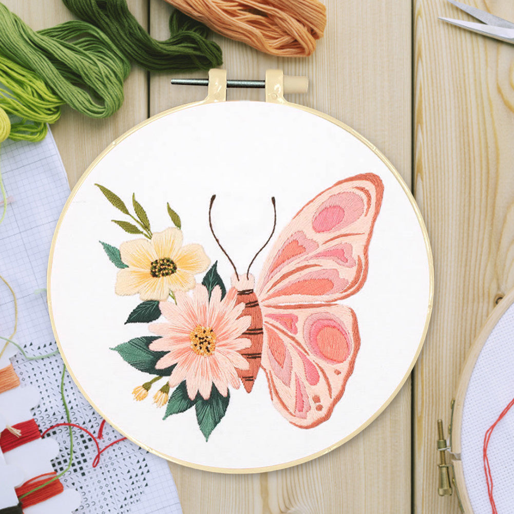 Butterfly - DIY Embroidery Cross Stitch Kit with Pattern Cotton Threads Needles Hoop 30x30CM/11.81x11.81in